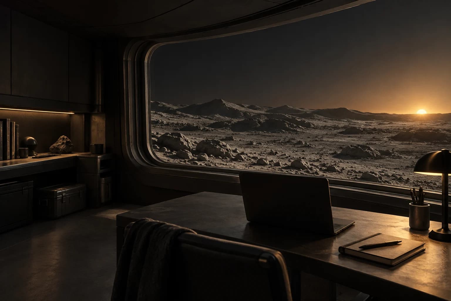 A quiet workspace overlooking the lunar landscape (conceptual artwork)